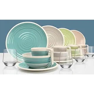 Melamin Camping Geschirr Set 1-4 Personen Harmonie 16-32 Teilig + Gläser Wassergläser Weingläser Champagner-Gläser Flûtes Tafelgeschirr Picknick BBQ Kochgeschirr