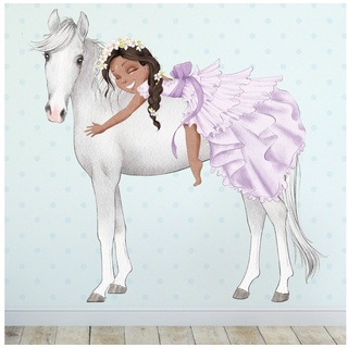 Sunnywall Wandtattoo Prinzessin Mädchen auf Pferd, Wandaufkleber Kinderzimmer, Pferde, selbstklebend, rückstandslos entfernbar weiß