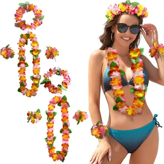 ZILZUFA 8 Stücke Hawaii Kostüm Zubehör, Hawaii Blumenketten, Hawaii Kette Blumen Girlanden, Bunte Hawaiiketten mit Hawaiianische Plumeria Haarreif für Hawaiian Party Strand Dekorationen Zubehör (B)