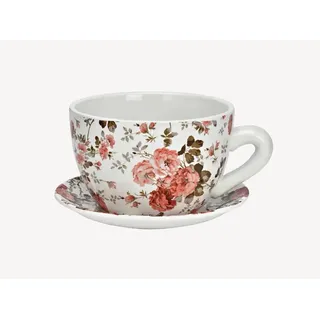 Seyila Home Pflanztasse aus Keramik mit Unterteller, Blumentopf in Tassenform, Deko-Pflanzgefäß,Pflanzkübel, Blumentopf in versch. Größen und Designs (Rose, 25 cm)