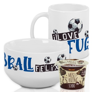 GRAZDesign Kindergeschirr Set | Fussball | Frühstücksset Kinder personalisiert mit Namen Müslischale mit Tasse 3-teiliges Geschirrset - Geschenk Fußballer Frühstücksset aus Keramik)