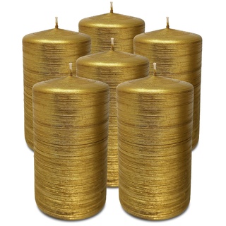 Hyoola Gebürstetes Metallic Stumpenkerzen - Kerzen Gold 6er-Pack - Stumpenkerzen Gold - Dekorative Stumpenkerzen Groß Hergestellt in EU - Kerzen Lange Brenndauer - 7 cm x 13 cm