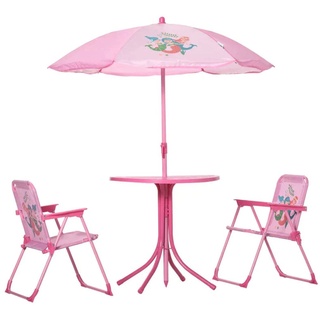 Rootz Gartentisch-Set für Kinder – Hai-Design – Tisch – Stühle – Regenschirm – Metall – Polyester – Rosa – Ø49,5 x 50 H cm