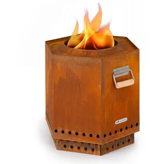 Blumfeldt Feuerstelle, Mobile Feuerschale mit Regenabdeckung und Holzgriffen, Outdoor Feuertisch, Holzkamin Tischfeuer mit 360° Feuerblick, Feuerschale für den Garten & Terrasse