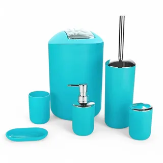 6tlg Badset Badezimmer Zubehör Set Organizer: Seifenspender, Zahnputzbecher, Kosmetikeimer, WC Bürste und Halter, Seifenschale, Mülleimer, Zahnbürstenhalter, Badgarnitur (Türkis Design 2)
