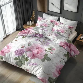 Generisch Bettwäsche Rosen 135x200, Rosa Floral Blumen Motiv Wendebettwäsche & Deko, Weiche Microfaser Bettbezug mit Reißverschluss und 1 Kissenbezug 80x80, 2tlg - ASD12378