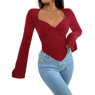 Rongseng Damen Langarmshirt Sweetheart Ausschnitt Oberteil Elegant Langarm Crop Top Sexy Fitted Tees Shirt Twist Front Asymmetrisches Langarm Pullover Trendy Casual Longshirt Bluse Rüschen Streetwear - XL