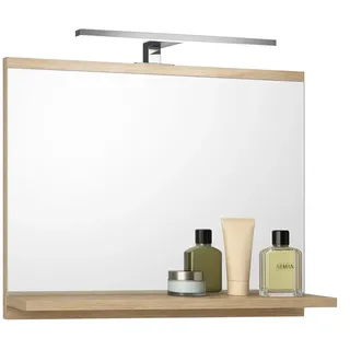 FreshYou Badspiegel mit 1 Ablage Badezimmerspiegel Spiegel Regal Wandspiegel Hängespiegel Badmöbel Spiegel Flurspiegel für Schlafzimmer für Badezimmer Sonoma Eiche 60X50 LED Lampe