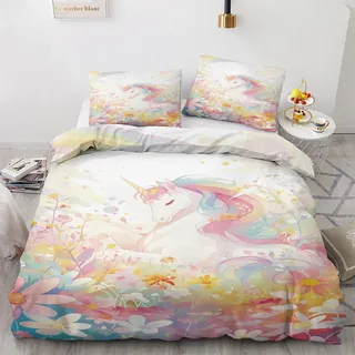 zcwl Einhorn Bettwäsche 140x200 Sommer, Blumen Bettbezug Set 2 teilig, Weiche Kuschelige Mikrofaser Bettwäsche-Sets, Wendebettwäsche und 1 Kissenbezug 70x90 mit Reißverschluss