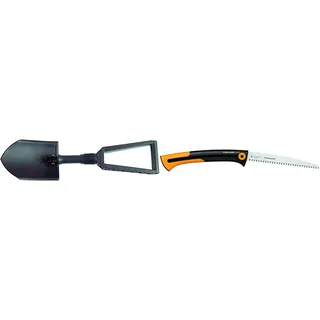 Fiskars Klappspaten für Camper und Bergsteiger, Auch als Schaufel und Hacke einsetzbar, 59 cm & Große Handsäge für frisches Holz, Grobzahnung, Sägeblattlänge: 25,5 cm, Schwarz/Orange