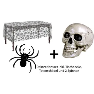 Dekorationsset Halloween mit Tischdecke, 2 Spinnen und Totenkopf
