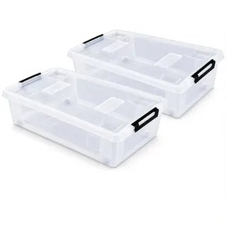 HRB 2er Set Unterbettbox rollbar mit Deckel, Aufbewahrungsbox 32 Liter | Transparent, Rollbar, Clickverschluss, Plastikbox