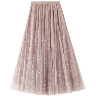 Femiserah Damen Lange Regenbogen A Linie Tüll Tutu Röcke Stufenrock Petticoat, Pailletten, Rosa, Einheitsgröße - Einheitsgröße