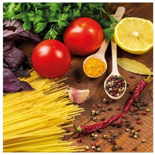 Wallario Memoboard Italienisches Menü mit Spaghetti, Tomaten, Basilikum und Gewürzen gelb