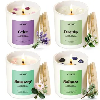 AOOVOO Calm Duftkerzen Set für Frauen – 4er Pack Duftkerzen für Zuhause, 28 oz, 200 Stunden Brenndauer, Aromatherapie Kerzen mit Kristallen – Lavendel, Jasmin, Wasserlilie, Patchouli