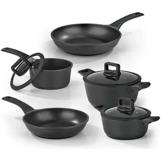 N8WERK Aluguss-Topf- und Pfannen-Set in Midnight Edition 8-Teilig Temperaturanzeige alle Herdarten auch Induktion 3-Fach Ilag-Ultimate-Beschichtung - Schwarz