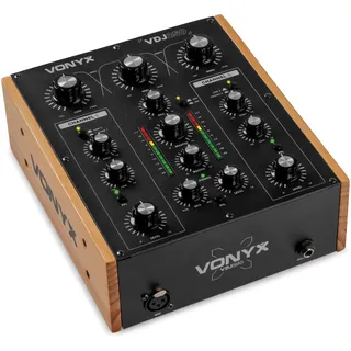 Vonyx VDJ250 DJ Mischpult 2 Kanal – Analog Rotary Mixer Audio mit 2-Band EQ & 3-Band Isolator – Retro DJ Mischer Schwarz Holzoptik – Kompakt Sound Mixer für Vinyl – XLR & Booth Output