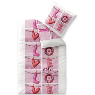 CelinaTex Touchme Biber Bettwäsche 135 x 200 cm 2teilig Baumwolle Bettbezug, Set, Bettgarnitur für Sommer und Winter, ganzjährig, pflegeleicht, Loana Love Herz Wörter weiß pink rosa