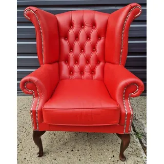 Casa Padrino Luxus Chesterfield Ohrensessel Rot / Dunkelbraun 98 x 90 x H. 110 cm - Echtleder Chesterfield Wohnzimmer Sessel - Wohnzimmer Möbel - Chesterfield Möbel - Luxus Leder Möbel