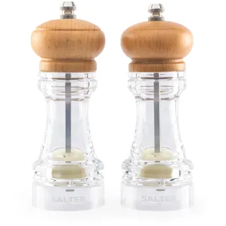 Salter 7607 WDXR Buchenholz salz & pfeffermühleset, Küchenmühleset Küche pfeffer und salz, Hartkeramik Schleifmechanismus, einstellbar für feines bis grobes Mahlen Himalaya 38g Salz/ 19g Pfefferkörner