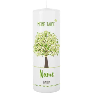 Striefchen® Taufkerze 250/80 mm mit Lebensbaum und Aufdruck des Namen und Datum sowie Taufspruch Weiß - Grün