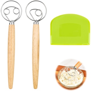 Dänischer Schneebesen Dänischer Teigbesen Eierschläger Edelstahl Brotmixer Manuelle Teigmischung mit Langem Griff Teigrührer Brotteigmischer mit Doppellöchern, Mehlschaber zum schnellen Mischen 2PCS
