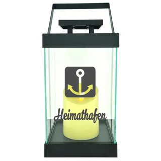 Edle Glas-Laterne mit LED-Kerze, Heimathafen Anker maritim, Timer, 35cm hoch mit