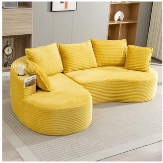 Celya Sofa Bogesofa Cord mit Becherhalter und Stauraum, mit Becherhalter und Stautasche. Inkl. Kissen gelb