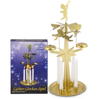 KNOX Lichter Glockenspiel Kerzenständer Gold mit 4 Kerzen ca. 25 cm | Kerzenhalter aus Metall, Engelspiel Karussell als Tischdeko für Advent, Weihnachten und Wohnzimmer