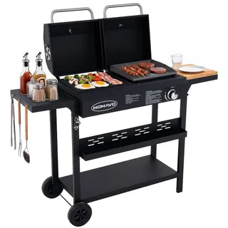 HOMAVO Kombigrill Gasgrill und Holzkohlegrill mit Grillabdeckungen Wasserfest - Schwarz