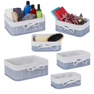 Relaxdays 6-TLG. Set, Bambus, Stoffeinlage, eckige Aufbewahrungsbox für Regal & Schrank, 3 Größen, grau/Creme