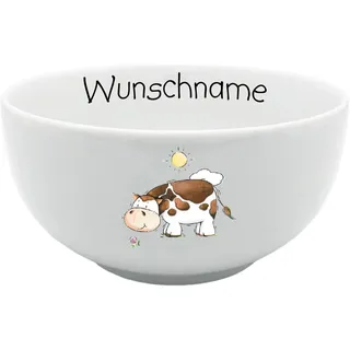 Doriantrade Müslischale Kinder Porridge Schale Porzellan Kuh personalisierbar mit Wunschname Name Kindergeschirr mit Namen personalisiert
