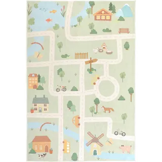 Lindorug Kinderteppich Living Ecovia, waschbar, Pastellblau, Salbeigrün, Aprikose, Textil, Bauernhof, rechteckig, 120x180 cm, Oeko-Tex® Standard 100, für Fußbodenheizung geeignet, rutschfest, in verschiedenen Größen erhältlich, wasserabweisend, schmutzabweisend, Hausstauballergiker feuchtraumgeeignet, stuhlrollengeeignet, waschbar, pflegeleicht, strapazierfähig, reißfest, rutschfeste Unterfläche, vegan, Teppiche & Böden, Teppiche, Waschbare Teppiche