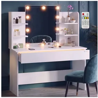 CASARIA Schminktisch Lucia Weiß 140x110x40cm mit LED Beleuchtung und Spiegel | Kosmetiktisch mit LED-Spiegel, Fernbedienung und LED-beleuchteter Schublade für Make-up, Schmuck und Kosmetik