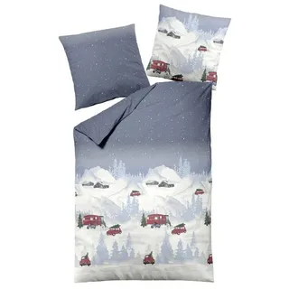 Dormisette Bettwäsche Biber Bettwäsche-Set Weihnachten made in Germany, Biber, 2 teilig, verschneite Landschaft X-MAS Truck Bettwäsche-Set zum Wohlfühlen blau