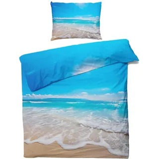 QEODAH Winter Bettwäsche 135x200 Strand - Meer Bettbezug 135 x 200 2er Set - Wendebettwäsche & Kissenbezug 80x80 cm - Weiche Mikrofaser Bettwäsche-Sets mit Reißverschluss - Schlafzimmer Bett Deko