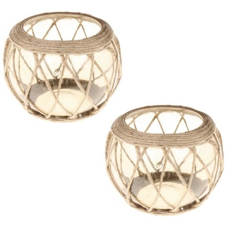 Macosa Home Windlicht Design Kerzenhalter Glas Jute Kerzenständer (2er Set, 2 St), Kerzenglas Teelichtglas Teelichthalter weiß