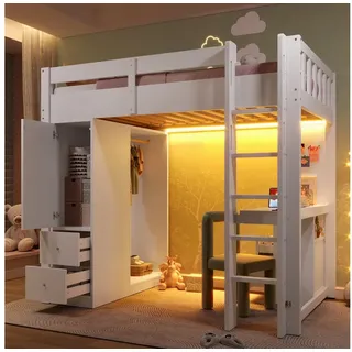Flieks Hochbett Kinderbett 90x200cm mit Schubladen Schrank Schreibtisch LED & Aufladen weiß