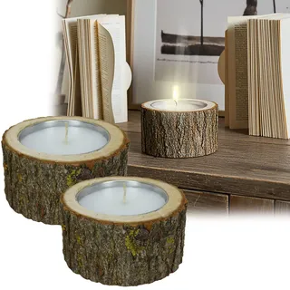 2er-Set Holz Kerzenhalter - Handgefertigt, rustikale Natur Deko für Wohnzimmer & Bad, mit Naturrand - Braun, Ø 12x4cm Holz, Ø 8x11cm Glas