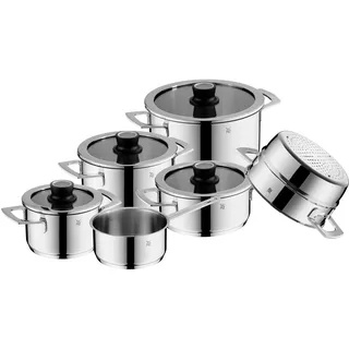 WMF VarioCuisine Topfset Induktion 6-teilig, Kochtopf Set mit Silence- Glasdeckel, Cromargan Edelstahl poliert, Thermometer, Töpfe Set unbeschichtet