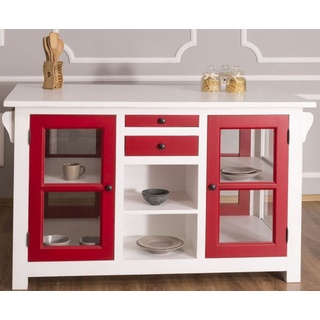 Casa Padrino Landhausstil Kücheninsel Weiß / Rot 150 x 90 x H. 90 cm - Massivholz Küchenschrank mit 4 Glastüren und 4 Schubladen - Landhausstil Küchenmöbel