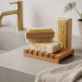 Seifenschale & Nagelbürsten Set Holz – Kirschholz-Ablage mit 2 Fibre-Bürsten