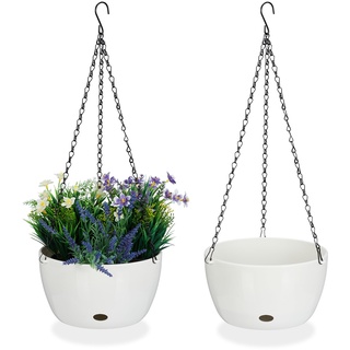 Relaxdays Blumenampel mit Wasserspeicher, 2er Set, HxD 60 x 24 cm, außen & innen, hängender Blumentopf, Kunststoff, weiß