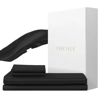 THXSILK Seidenbettwäsche Set 2 teilig,Bettbezug 155 x 220 cm und 80 x 80 cm Kissenbezug, Luxus Seide Bettwäsche Set, Super Weich und Glatt, Schwarz