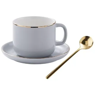 SuperglockT Kaffeetassen Set 280ml Espressotasse mit Untertasse und Löffel Goldrand Keramiktasse Teetasse Nachmittagstasse Geschenk für Frauen Mama Freundin Kollegin (Grau)