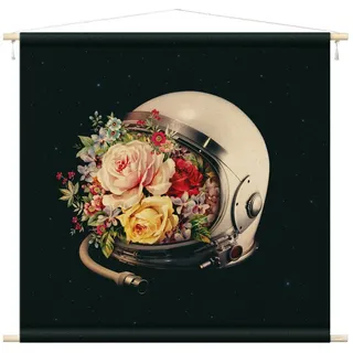 Bilderdepot24 Wandteppich modern Blumen Astronautenanzug schwarz, quadratisch, Höhe: 2.6 mm, großes Wandbild aus Natur-Baumwolle Wandbehang Stoffbild Tuch Wollseil schwarz 90 cm x 90 cm x 2.6 mm