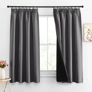 PONY DANCE Doppellagige Gardinen 100% Blickdicht Thermovorhang Hitzeschutz Kräuselband Übergardinen 2er Set H 160 x B 140 cm Verdunkelungsvorhang Schlafzimmer Vorhänge für Schienensystem, Grau