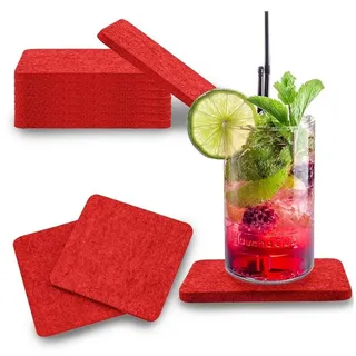 WORTEK Filzuntersetzer eckig für Gläser – 8er Set Glasuntersetzer für Getränke, Tassen, Bar, Glas - Ø 10cm Tischuntersetzer waschbare Untersetzer Gläser Rot Glas Untersetzer-Set