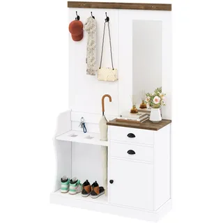 Garderobenset Mit Spiegel, Haken, Schubladen Und Schirmständer.