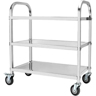 QWORK® 3-Etagen Edelstahl Servierwagen Teewagen Reinigungswagen - 95 x 50 x 95 cm - Leise Räder mit Bremsen